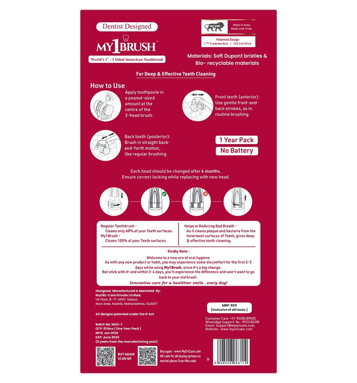 My1Brush - 3 Sided Manual Toothbrush | Soft Bristles | 1 Year pack with 2 replaceable heads