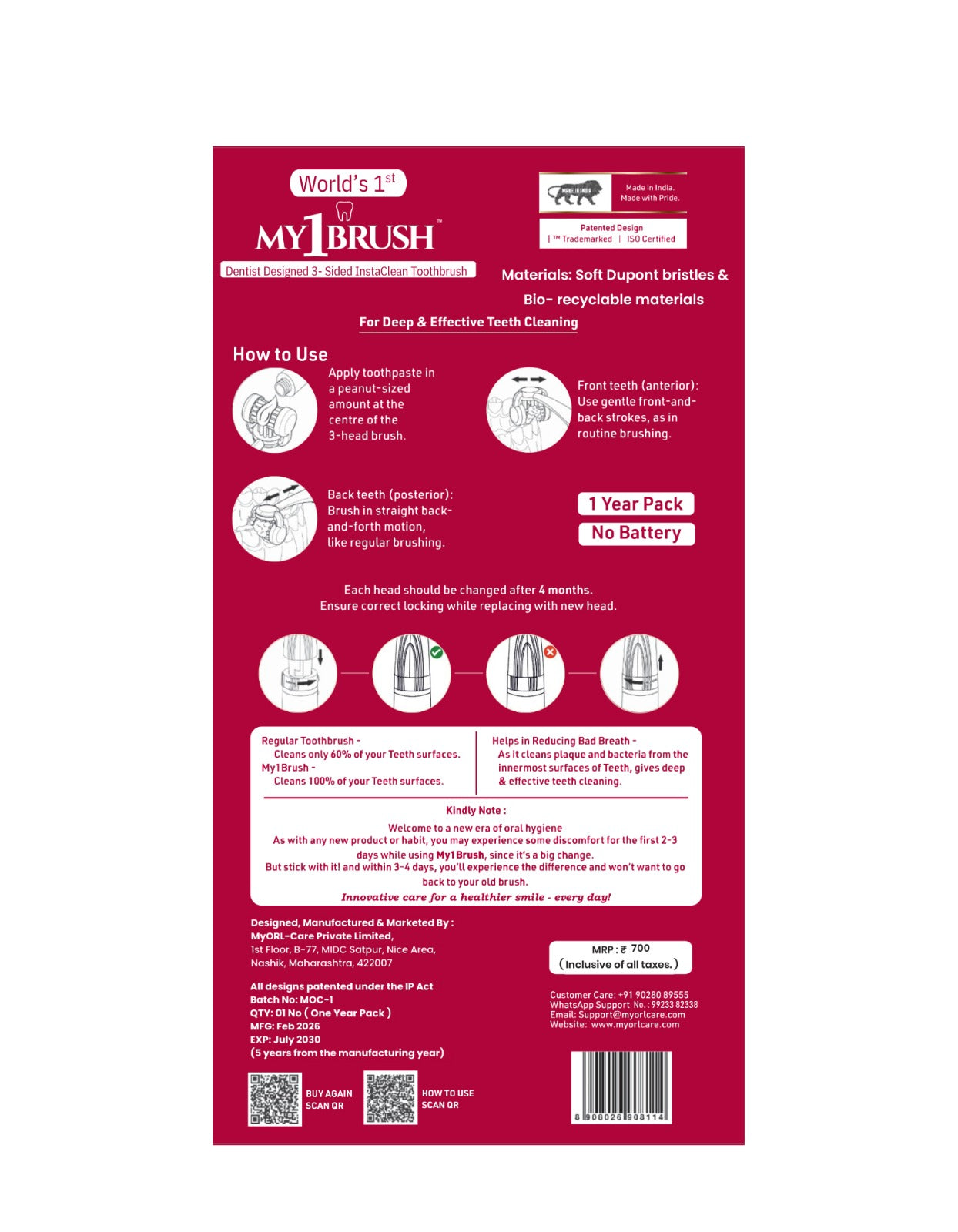 My1Brush - 3 Sided Insta-Clean Manual Toothbrush | Soft Bristles | 1 Year pack with 2 replaceable heads