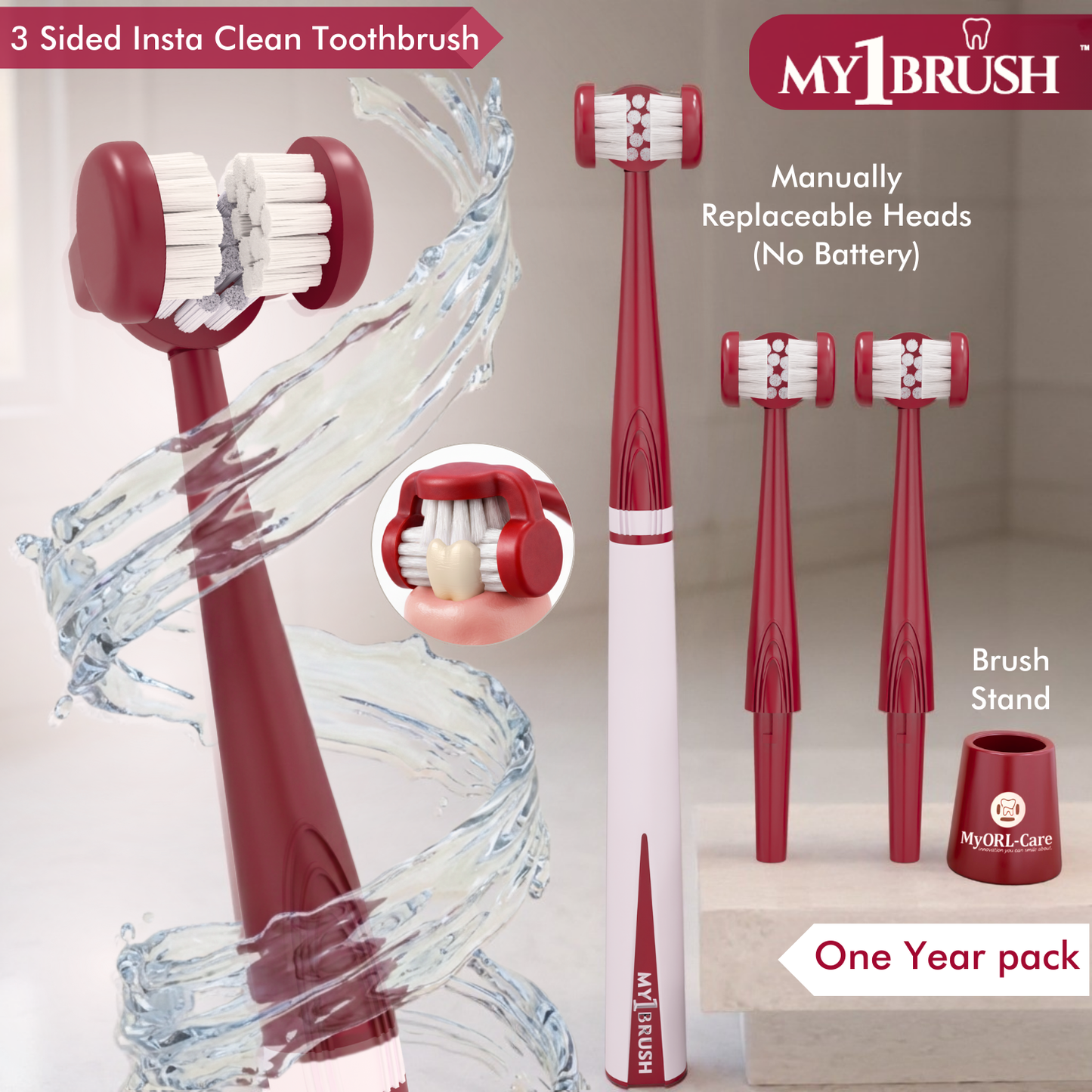 My1Brush - 3 Sided Manual Toothbrush | Soft Bristles | 1 Year pack with 2 replaceable heads