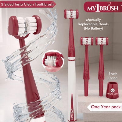 My1Brush - 3 Sided Manual Toothbrush | Soft Bristles | 1 Year pack with 2 replaceable heads