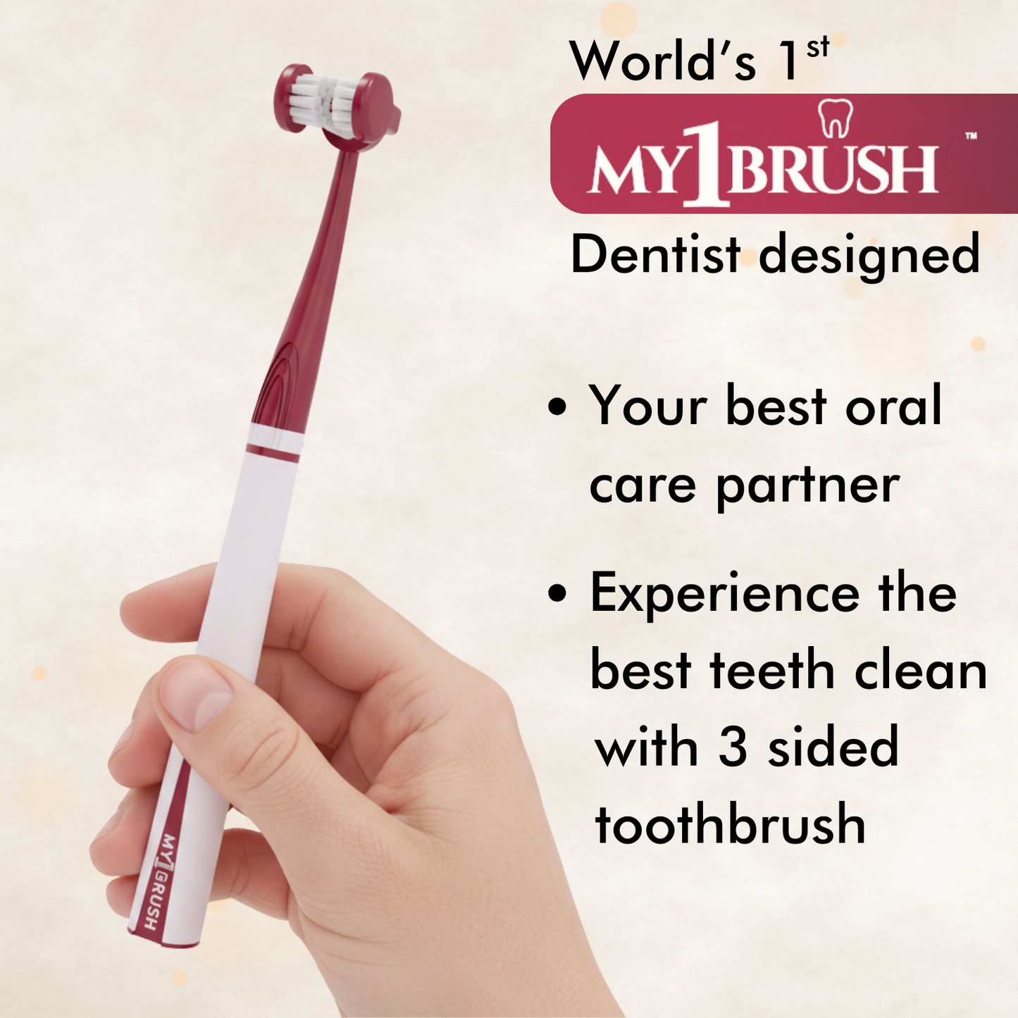My1Brush - 3 Sided Manual Toothbrush | Soft Bristles | 1 Year pack with 2 replaceable heads