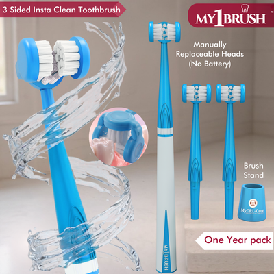 My1Brush - 3 Sided Insta-Clean Manual Toothbrush | Soft Bristles | 1 Year pack with 2 replaceable heads