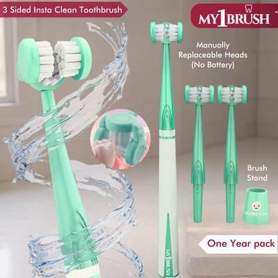 My1Brush - 3 Sided Manual Toothbrush | Soft Bristles | 1 Year pack with 2 replaceable heads