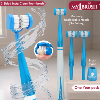 My1Brush - 3 Sided Manual Toothbrush | Soft Bristles | 1 Year pack with 2 replaceable heads