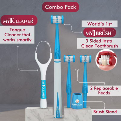 Combo - My1Brush (3 Sided Manual Toothbrush + MyTCleaner ( Tongue Cleaner)