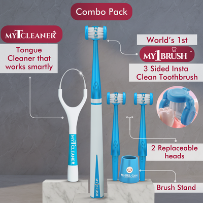 Combo - My1Brush (3 Sided Manual Toothbrush + MyTCleaner ( Tongue Cleaner)