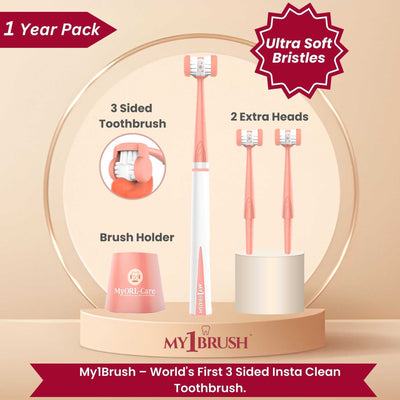 My1Brush - 3 Sided Toothbrush | Ultra soft bristles | 1 Year pack with 2 replaceable heads