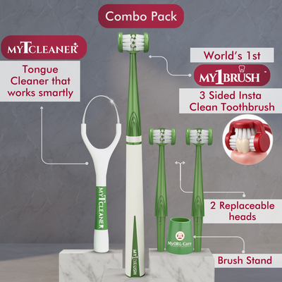 Combo - My1Brush (3 Sided Manual Toothbrush + MyTCleaner ( Tongue Cleaner)