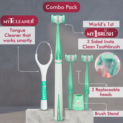 Combo - My1Brush (3 Sided Manual Toothbrush + MyTCleaner ( Tongue Cleaner)