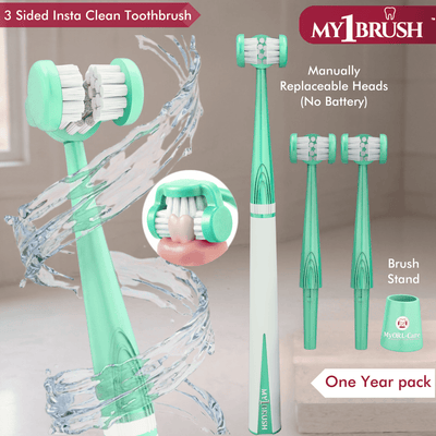 My1Brush - 3 Sided Manual Toothbrush | Soft Bristles | 1 Year pack with 2 replaceable heads