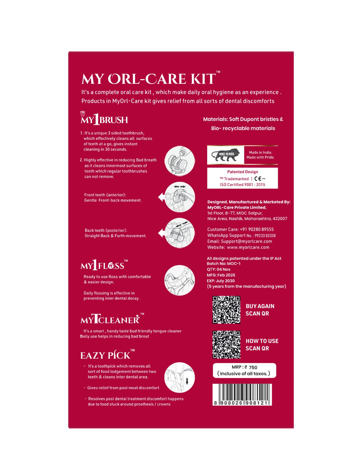 My Orl-Care Kit - Complete Daily Oral Hygiene Kit (3-Sided Manual Ultra Soft Bristle Toothbrush, Floss Picks, Tongue Cleaner, Toothpicks)