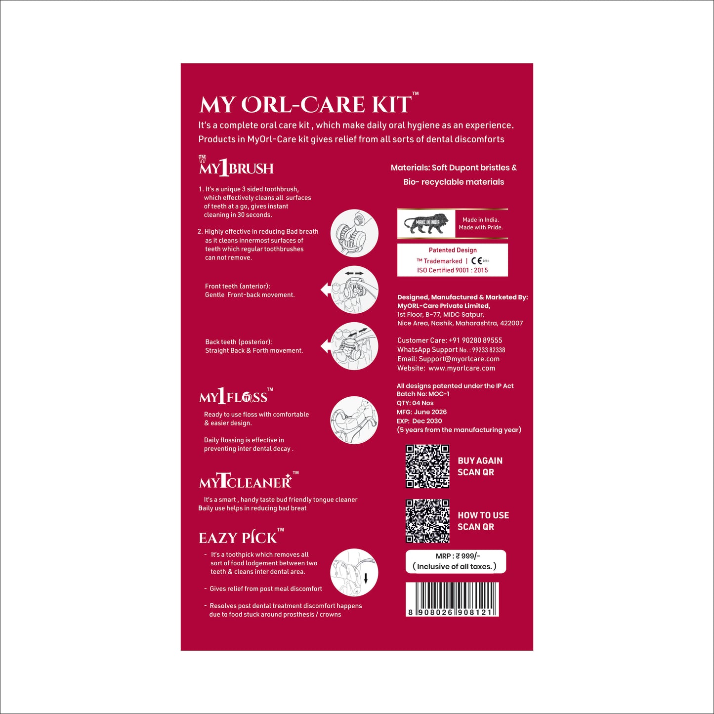 My Orl-Care Kit - Complete Daily Oral Hygiene Kit (3-Sided Manual Soft Bristle Toothbrush, Floss Picks, Tongue Cleaner, Toothpicks)
