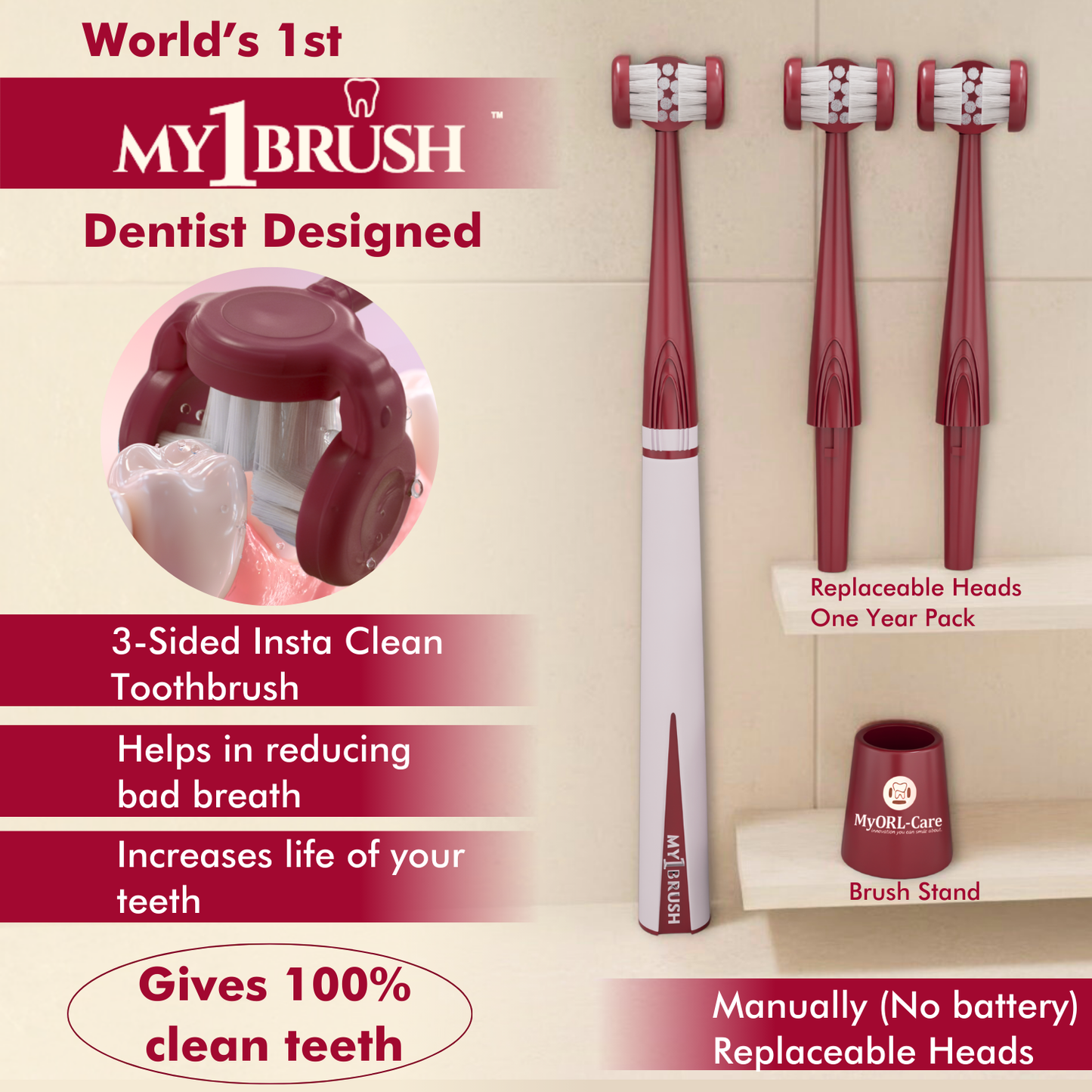 Combo - My1Brush (3 Sided Manual Toothbrush + MyTCleaner ( Tongue Cleaner)
