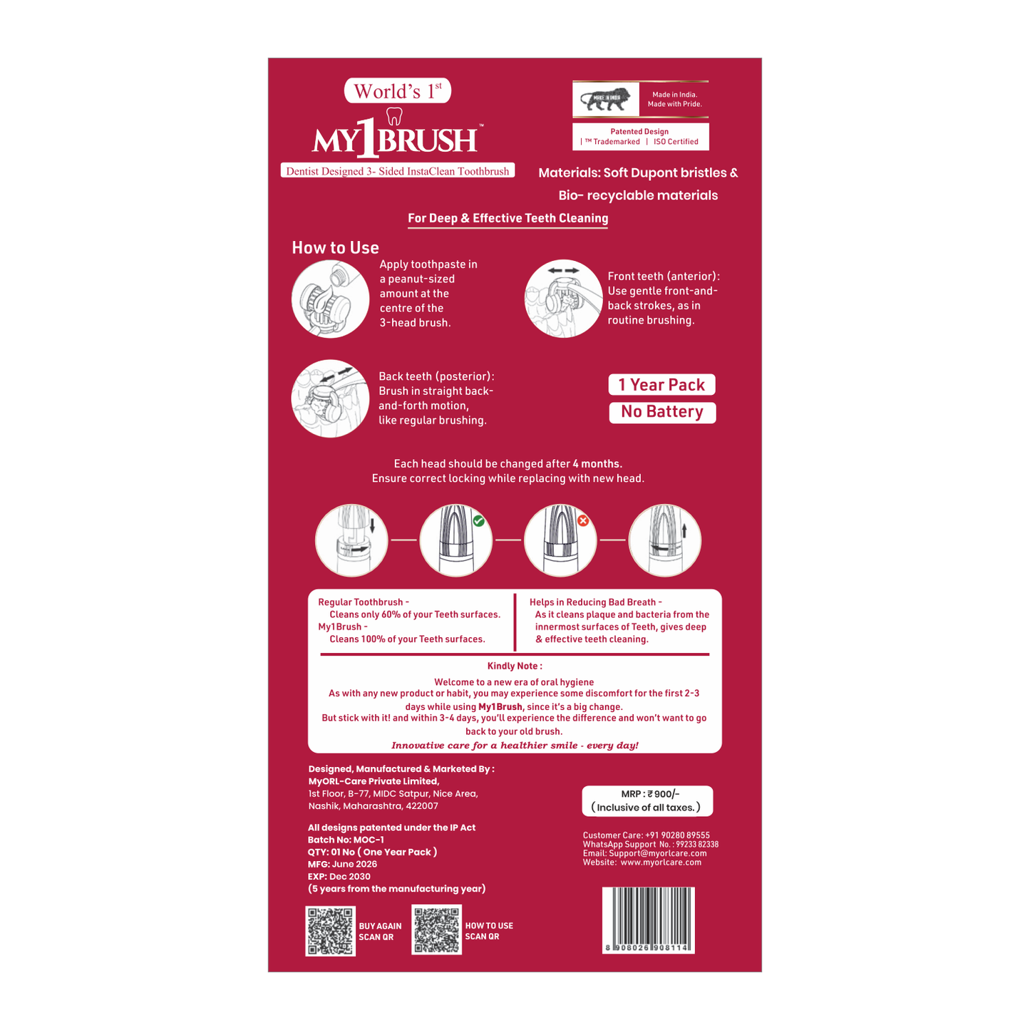 Combo - My1Brush (3 Sided Manual Ultra Soft Bristle Toothbrush + MyTCleaner ( Tongue Cleaner)