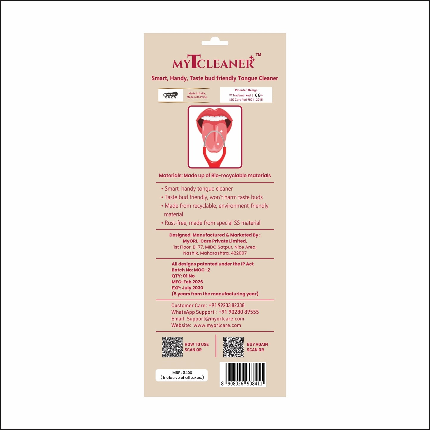 Combo - My1Brush (3 Sided Manual Ultra Soft Bristle Toothbrush + MyTCleaner ( Tongue Cleaner)