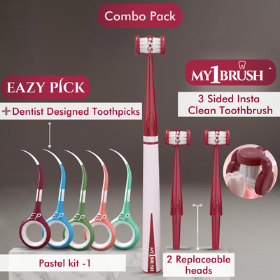 Combo - My1Brush (3 Sided Manual Ultra Soft Bristle Toothbrush) + Eazypick (Toothpicks)