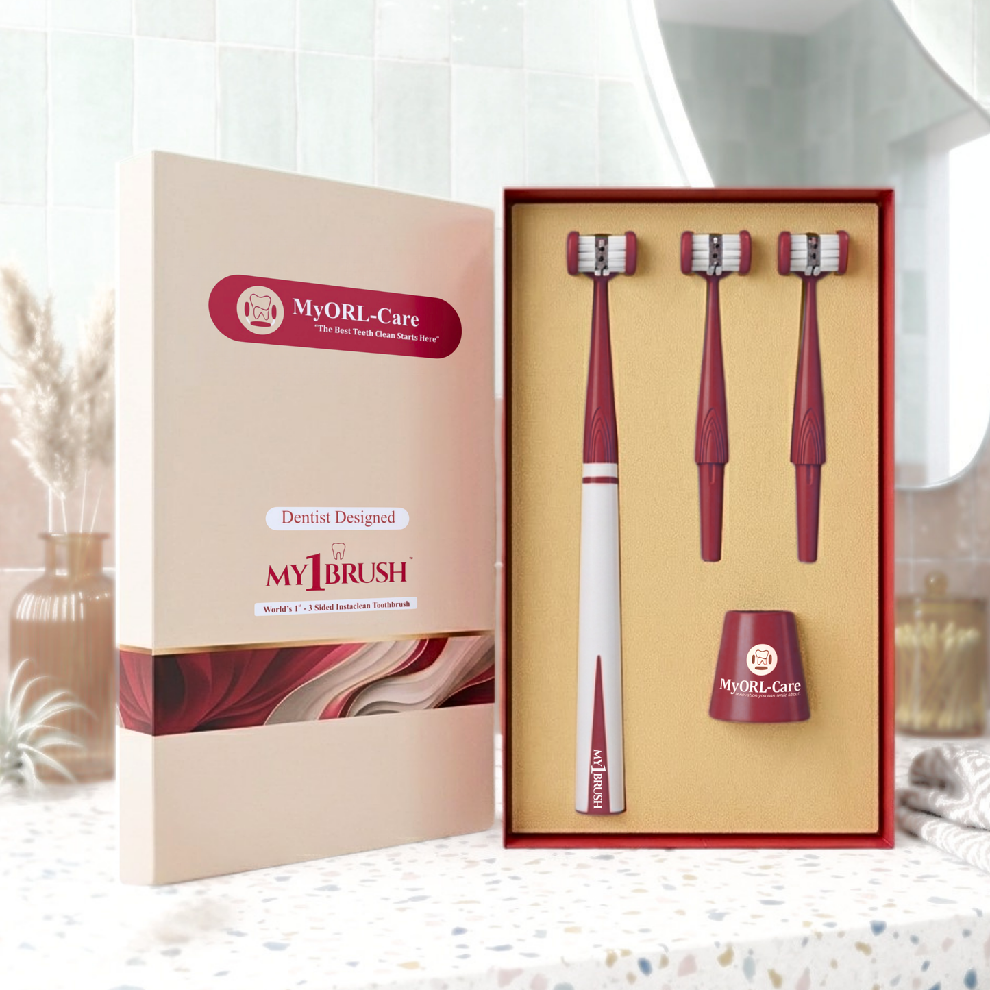 My1Brush - 3 Sided Insta-Clean Manual Toothbrush | Soft Bristles | 1 Year pack with 2 replaceable heads