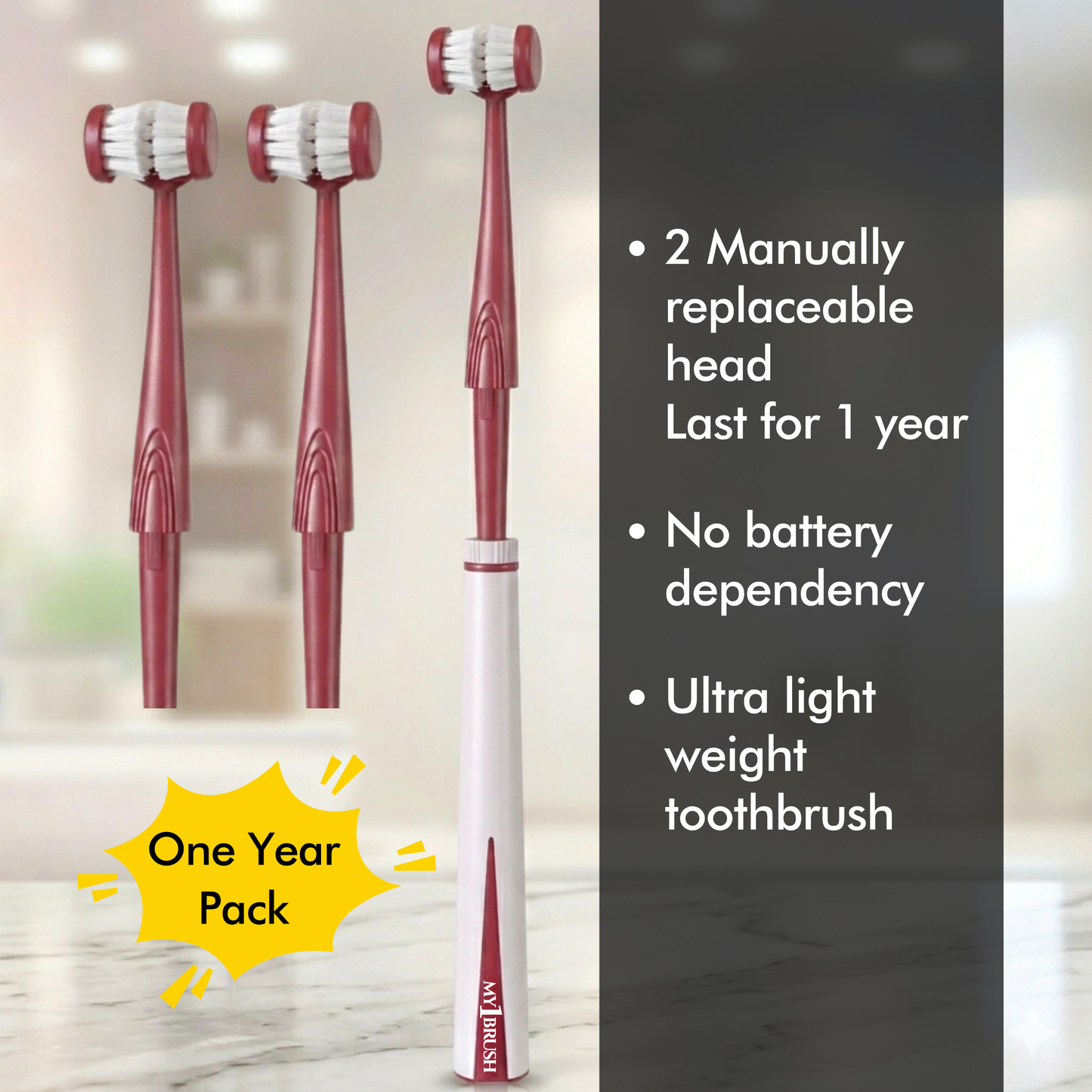 My1Brush - 3 Sided Insta-Clean Manual Toothbrush | Soft Bristles | 1 Year pack with 2 replaceable heads