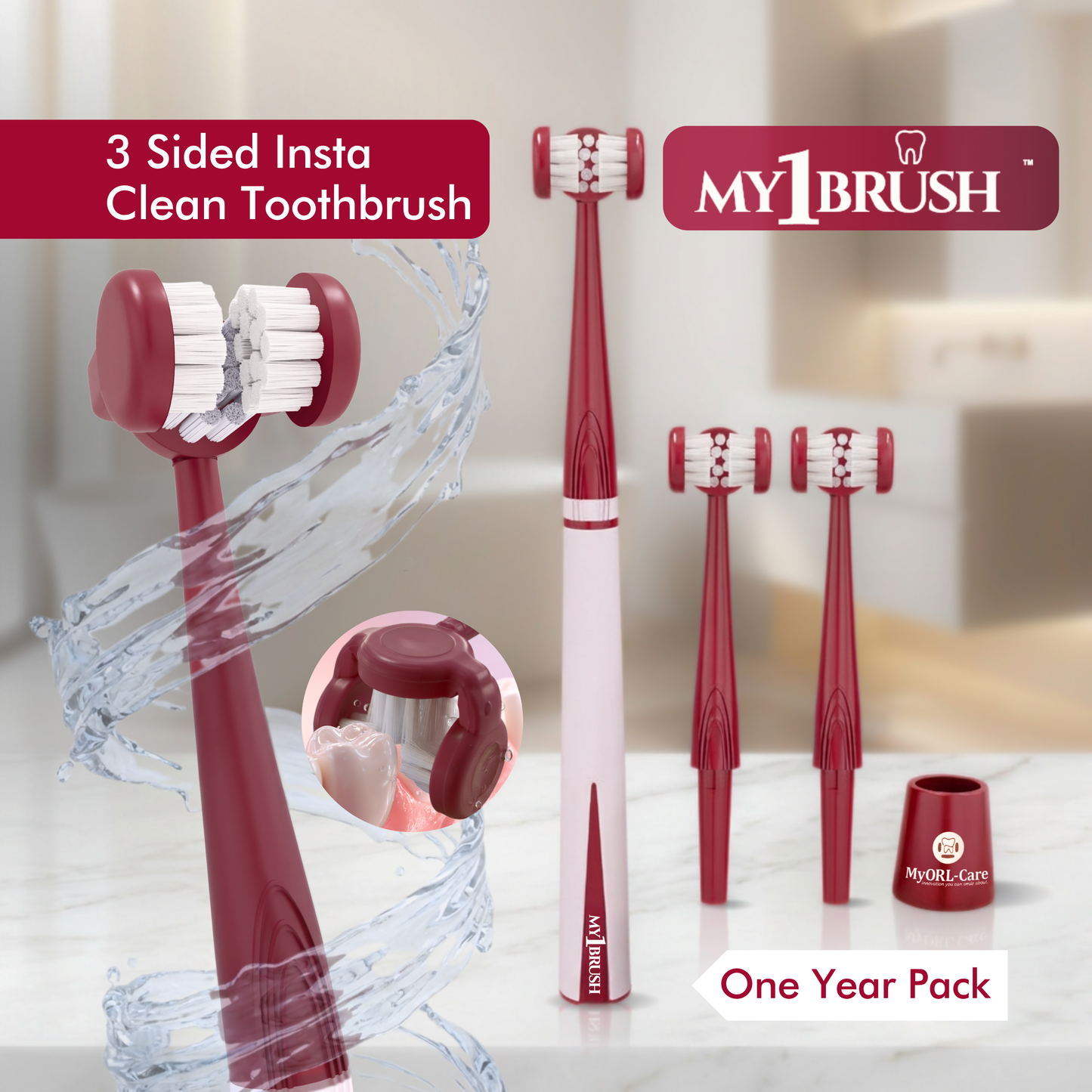 My1Brush - 3 Sided Insta-Clean Manual Toothbrush | Soft Bristles | 1 Year pack with 2 replaceable heads