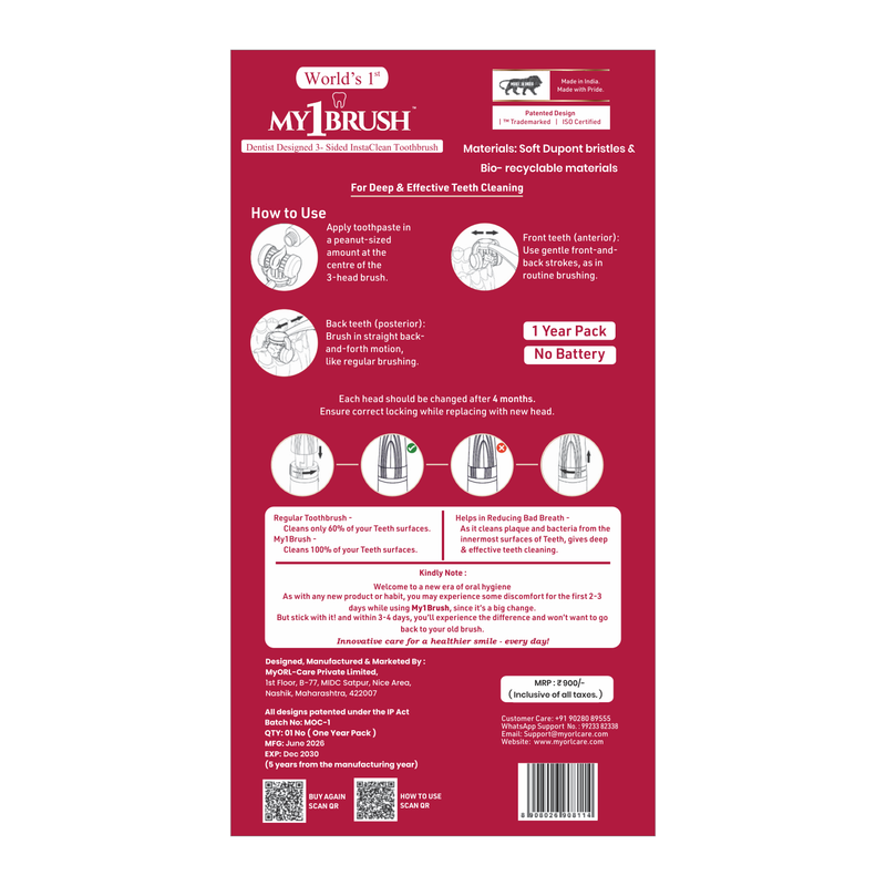 My1Brush - Innovative 3 Sided Insta-Clean Toothbrush | Manual | Soft Bristles |  1 Year pack with 2 replaceable heads