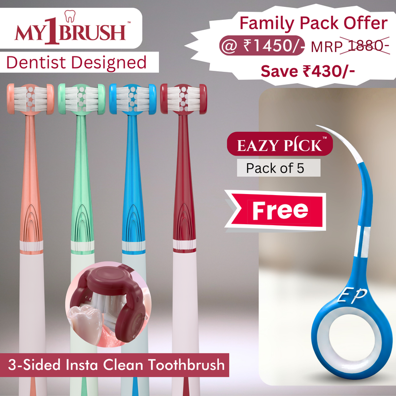 My1Brush Family Pack (4 Ultra Soft Bristle Brushes) + Free EazyPick (Pack of 5) | Super Saver Pack