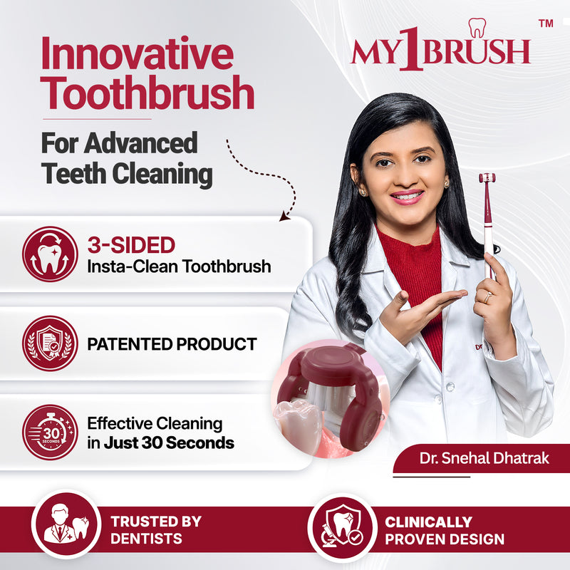 My1Brush - Innovative 3 Sided Insta-Clean Toothbrush | Manual | Soft Bristles |  1 Year pack with 2 replaceable heads