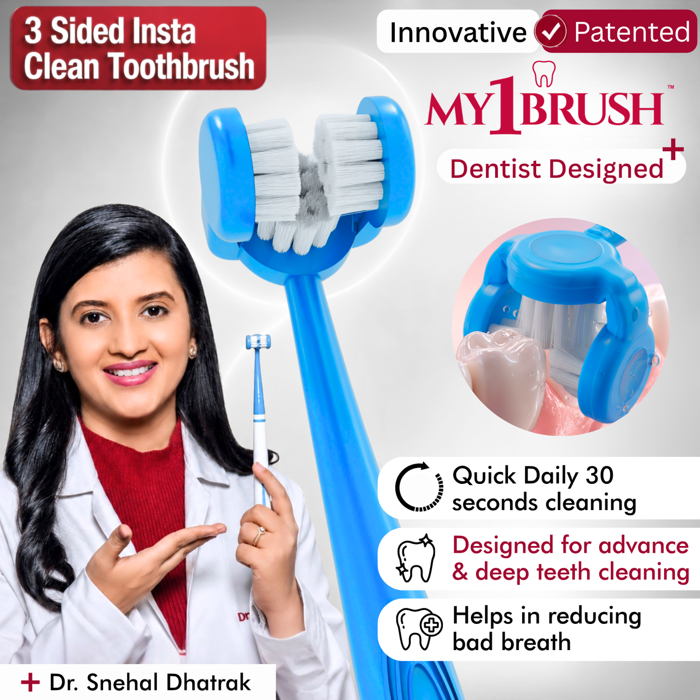 Combo - My1Brush (3 Sided Manual Ultra Soft Bristle Toothbrush + MyTCleaner ( Tongue Cleaner)